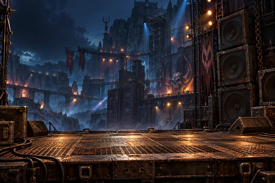 A heavy metal stage with towering speakers