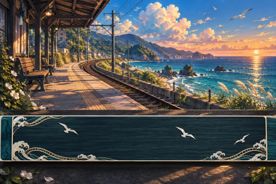 A sunny seaside train platform in an anime style