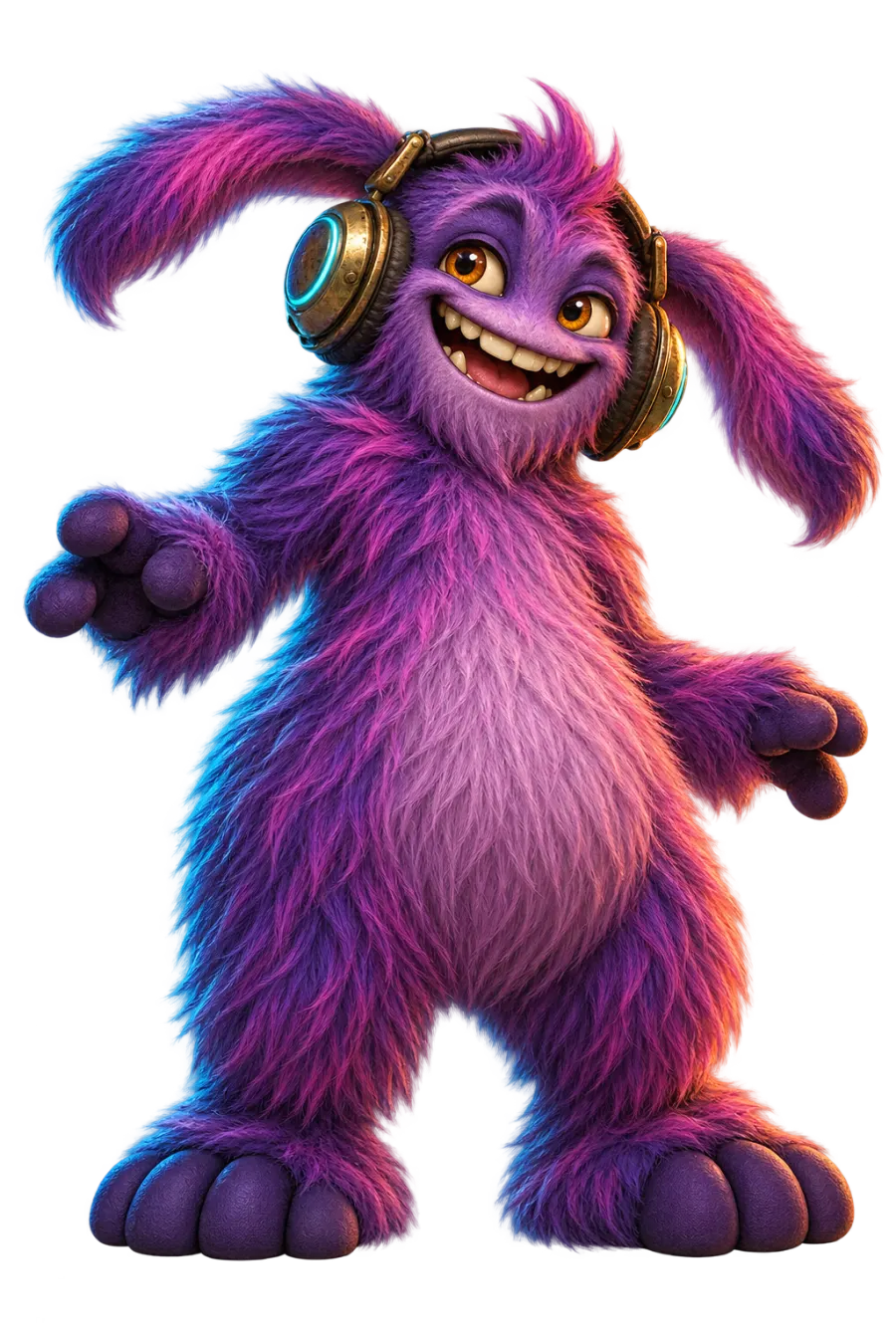 A fuzzy purple monster dancing with headphones