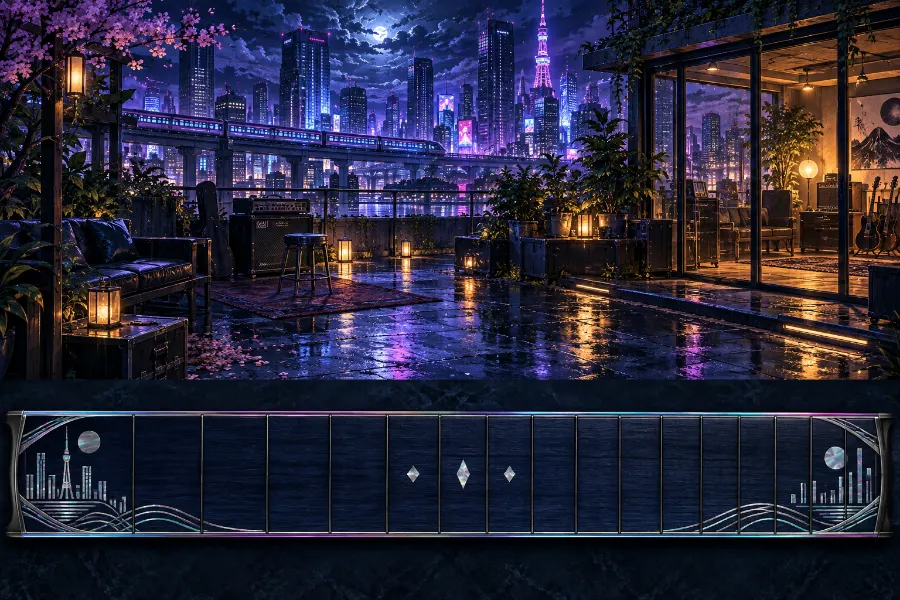 A neon city rooftop at night